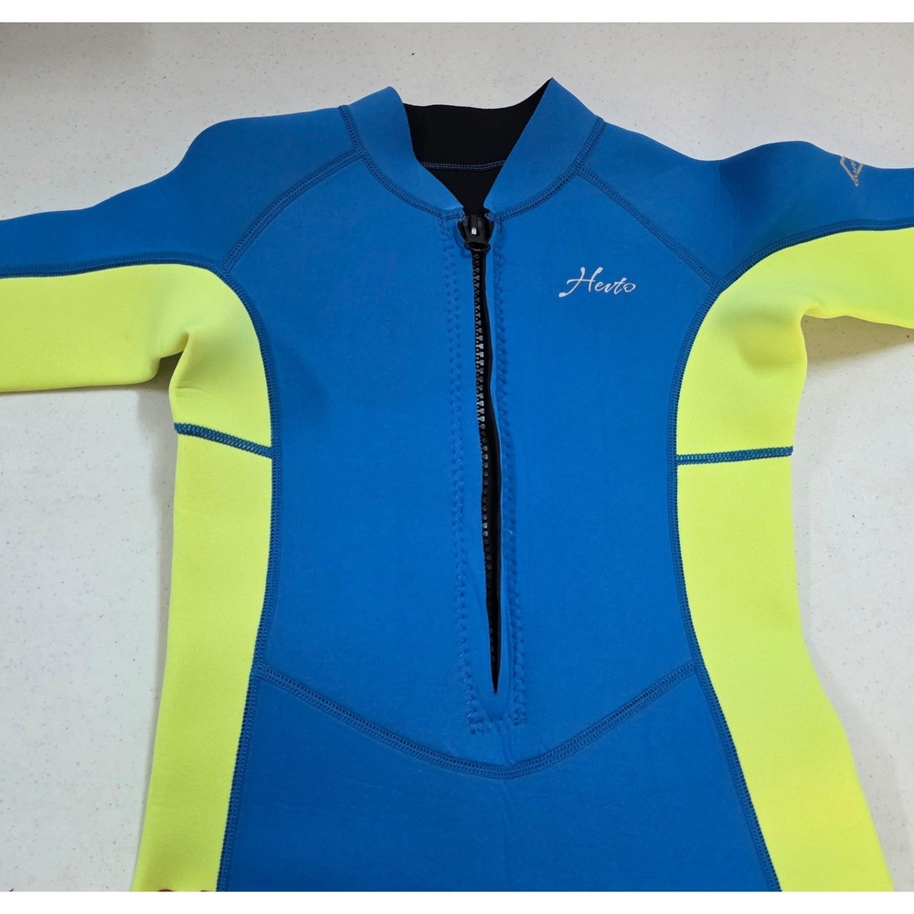 Herto Kids Full Body Wetsuit Blue Neon Yellow Neoprene Size 10 Front Zip Surfing
